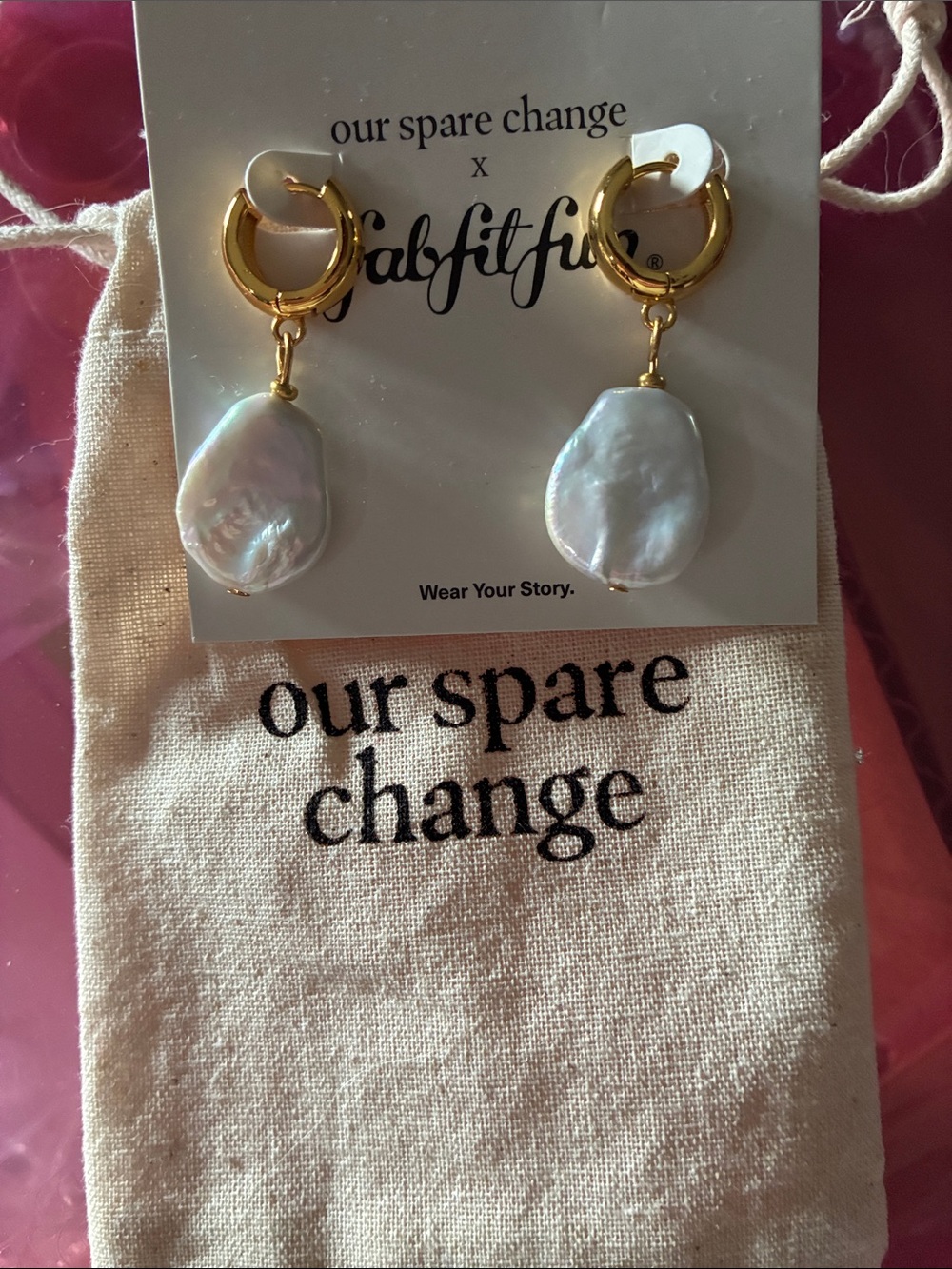 Our spare change! Gold Hoop Earrings with White Baroque Pearls